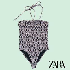 ZARA Black White, Lavender & Orange Patterned One-Piece Swimsuit / Bodysuit
